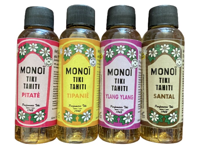 Lote de 4 aceite Monoi de Tahití 60ml : Ylang Plumeria Jasmín Santal